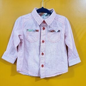 Old Navy Baby Boys Size 12-18M 100% Cotton Striped Red Dress Shirt Button Up